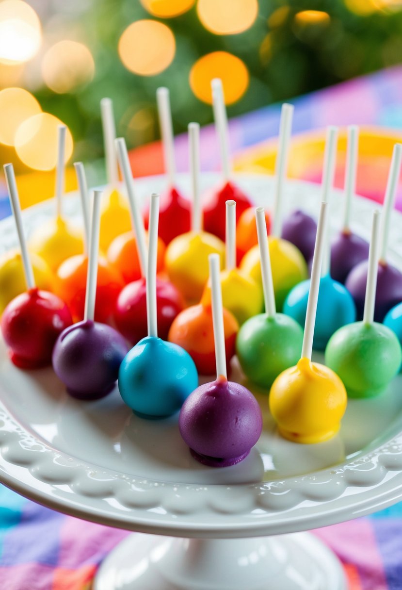 A colorful array of rainbow cake pops arranged on a white serving platter