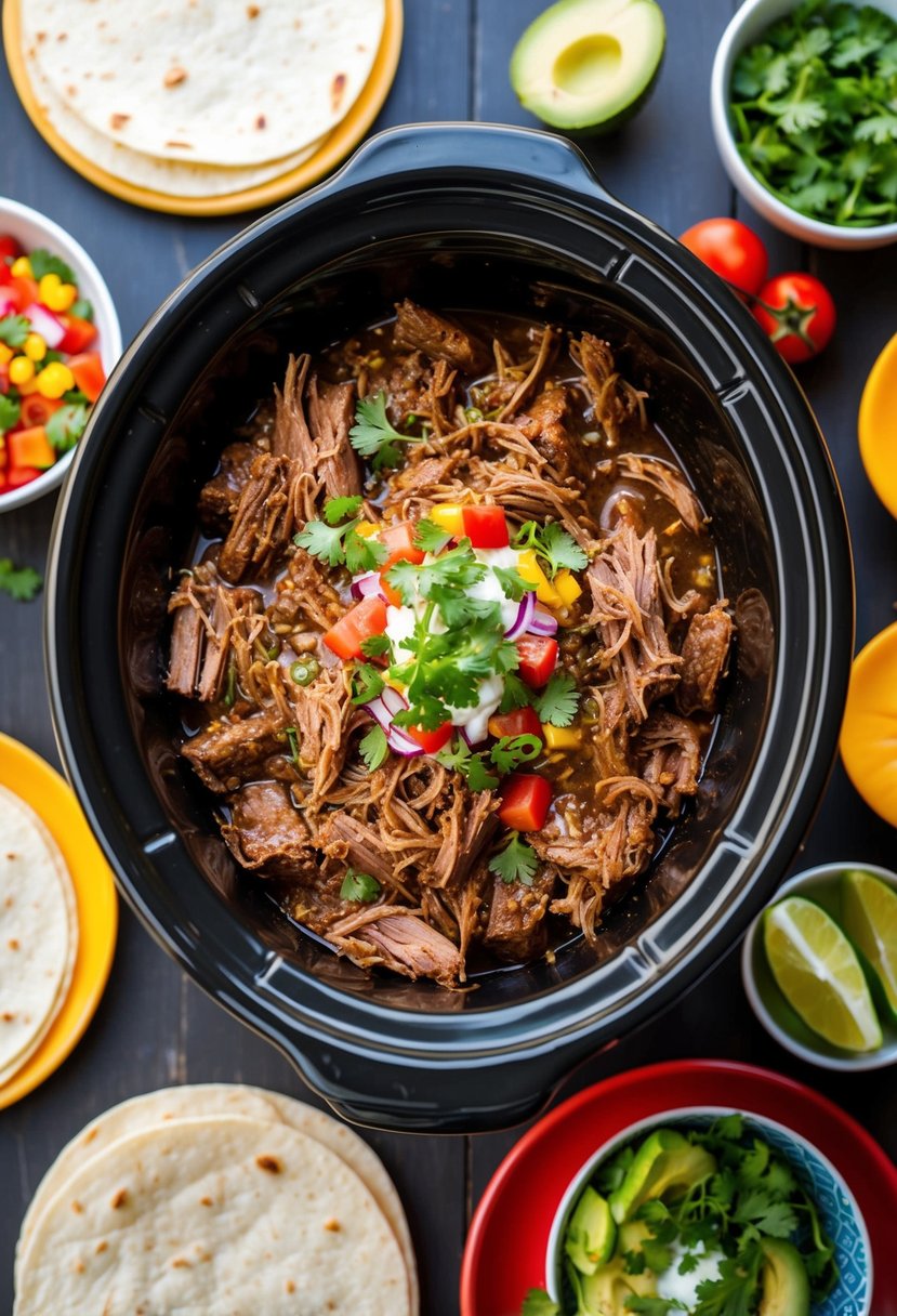 A crockpot simmering with juicy shredded beef, surrounded by colorful taco toppings and warm tortillas