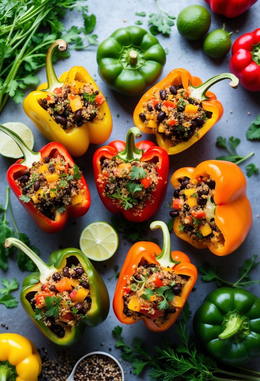 A colorful array of stuffed peppers filled with quinoa and black beans, surrounded by fresh herbs and spices