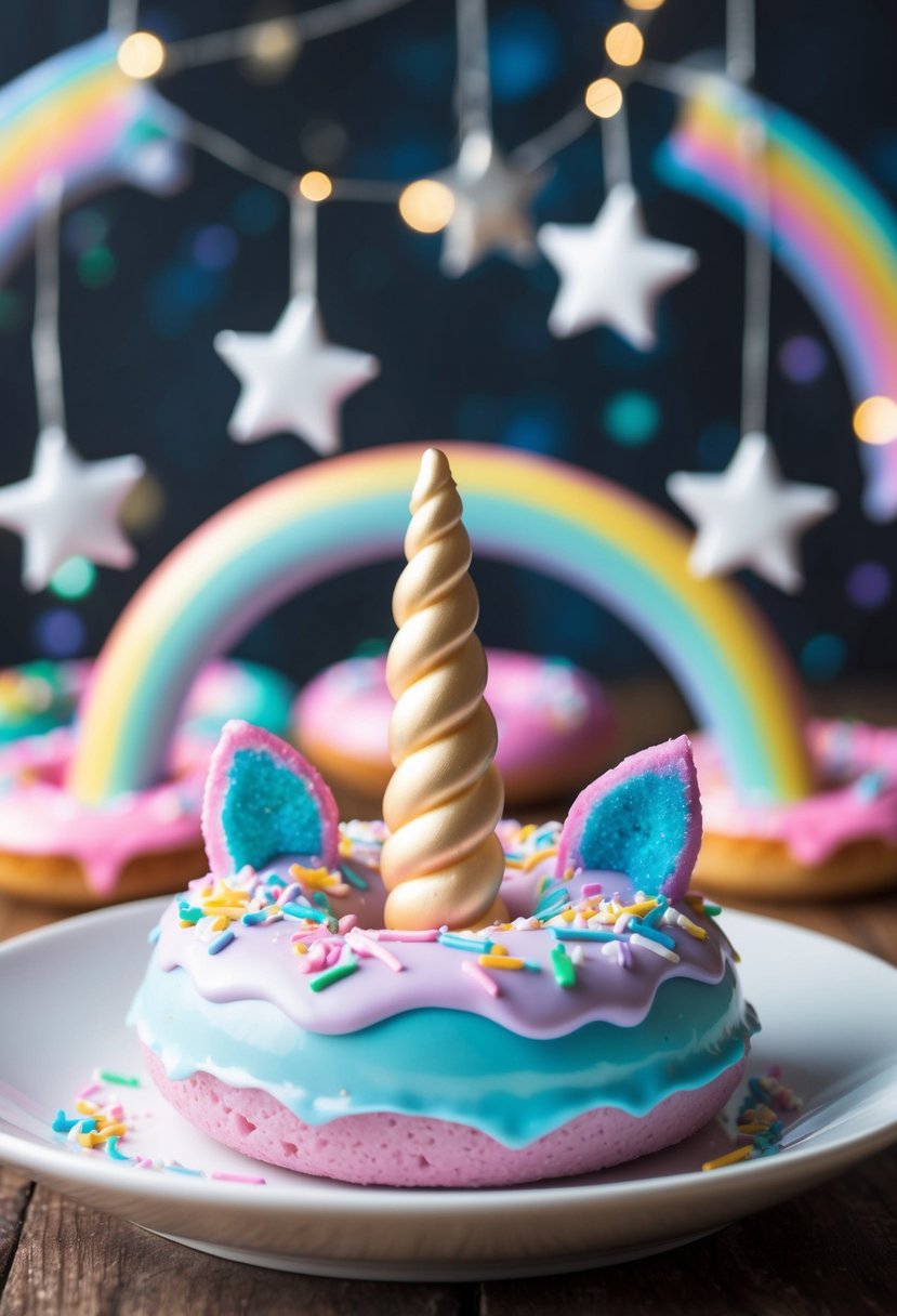 A magical unicorn donut with pastel icing and sprinkles, surrounded by whimsical stars and rainbows