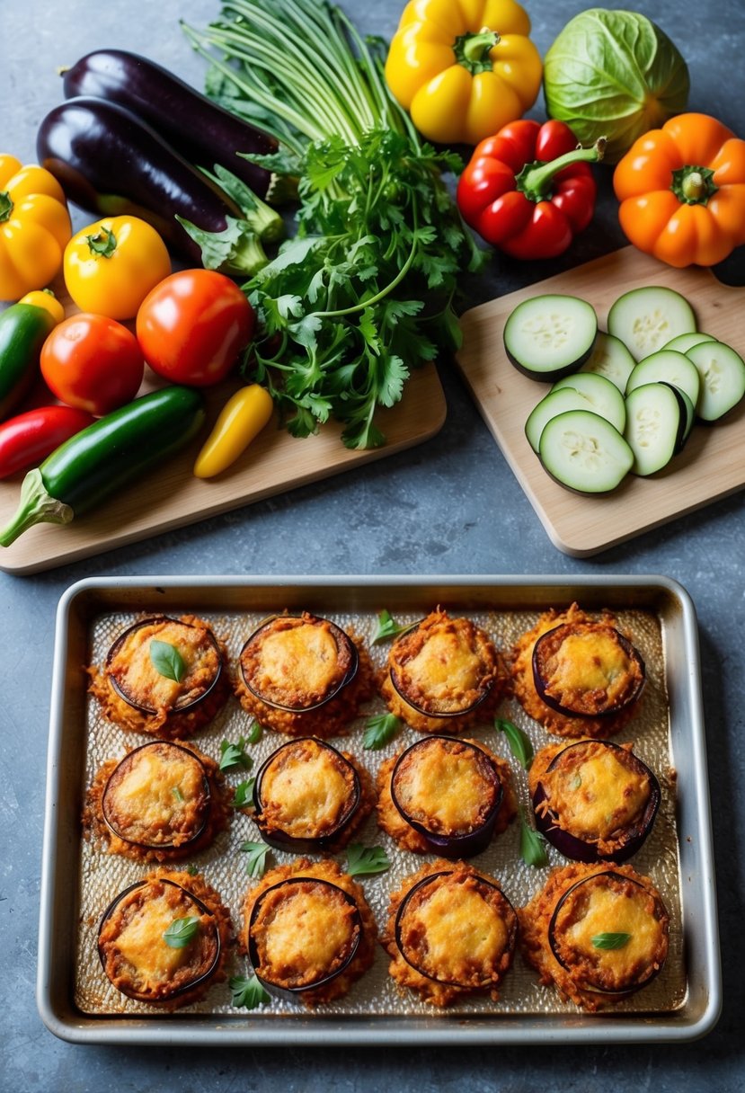 A table set with a colorful array of fresh vegetables, a cutting board with sliced eggplant, and a baking sheet with golden-brown vegan eggplant parmesan