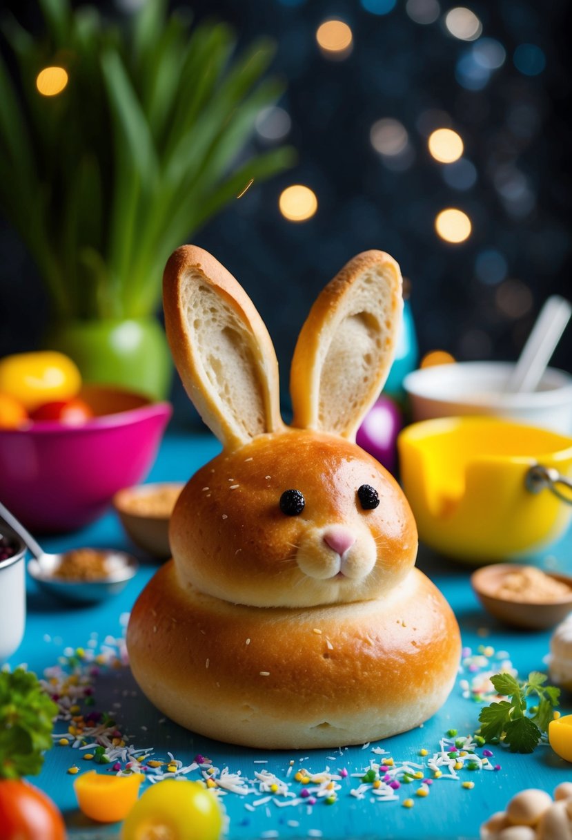 A small bunny-shaped bread surrounded by colorful ingredients and kitchen utensils