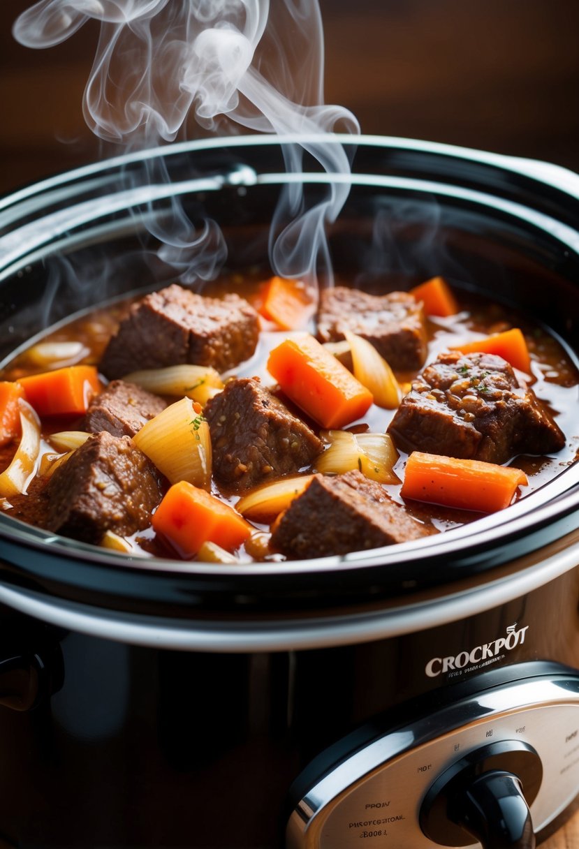 A bubbling crockpot filled with tender chunks of beef, carrots, and onions in a rich, savory sauce. Aromatic steam rises from the pot