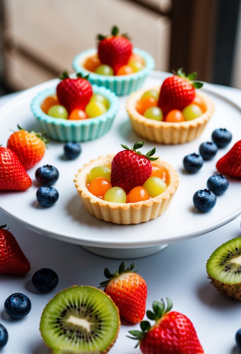 A table with pastel-colored fruit tarts arranged on a white platter, surrounded by fresh strawberries, blueberries, and kiwi slices