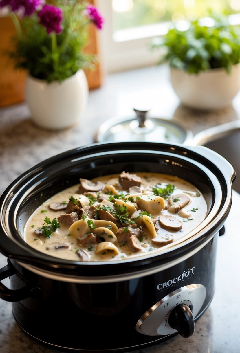 A crockpot filled with creamy beef stroganoff, mushrooms, and savory herbs simmers on a kitchen counter