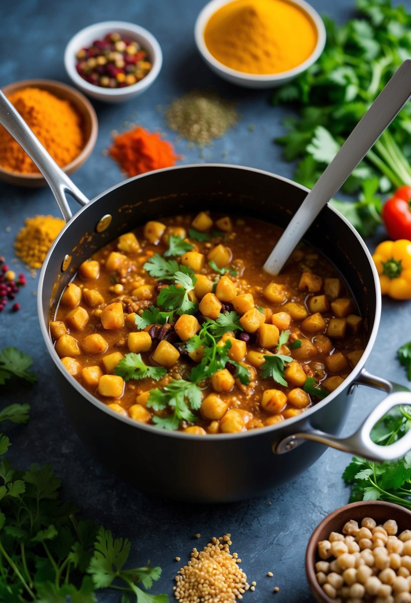 A pot simmering with aromatic Chana Masala ingredients, surrounded by vibrant spices and fresh vegetables