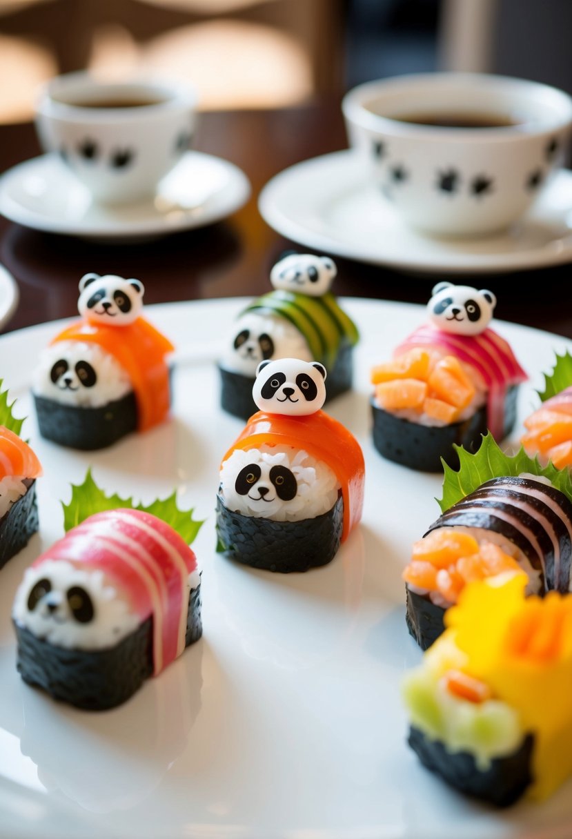 A table set with colorful sushi rolls, each shaped like a tiny panda