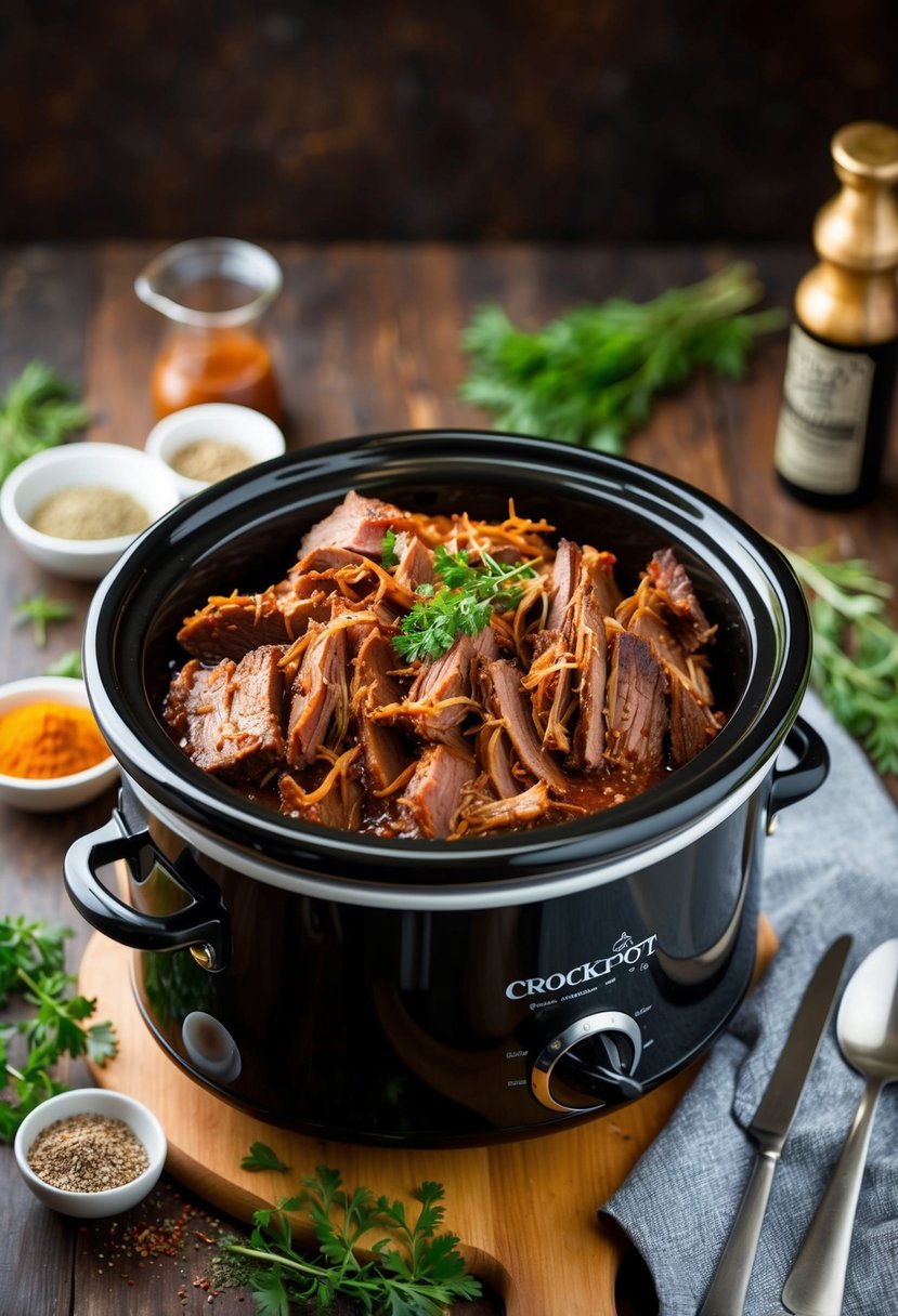 A crockpot filled with tender, rich barbecue beef brisket surrounded by aromatic herbs and spices