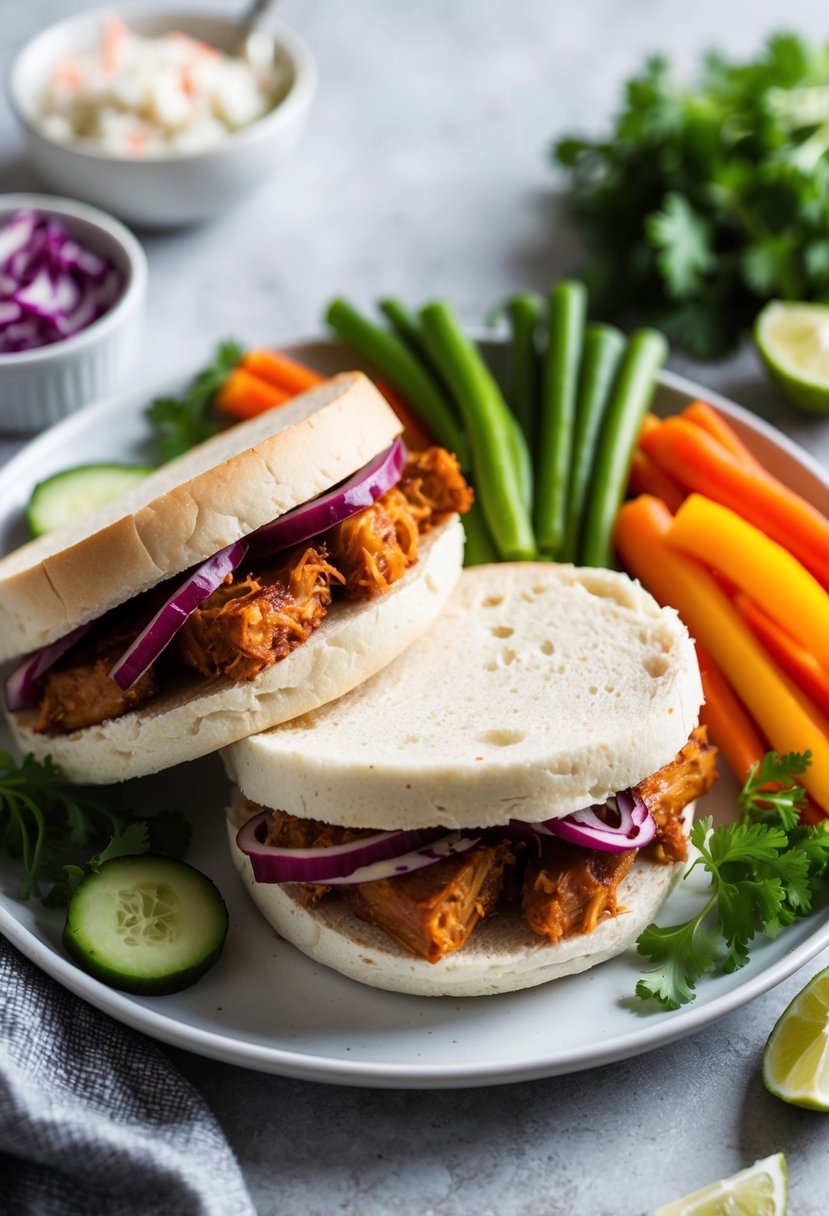 A plate with two BBQ jackfruit sandwiches, surrounded by fresh vegetables and a side of coleslaw