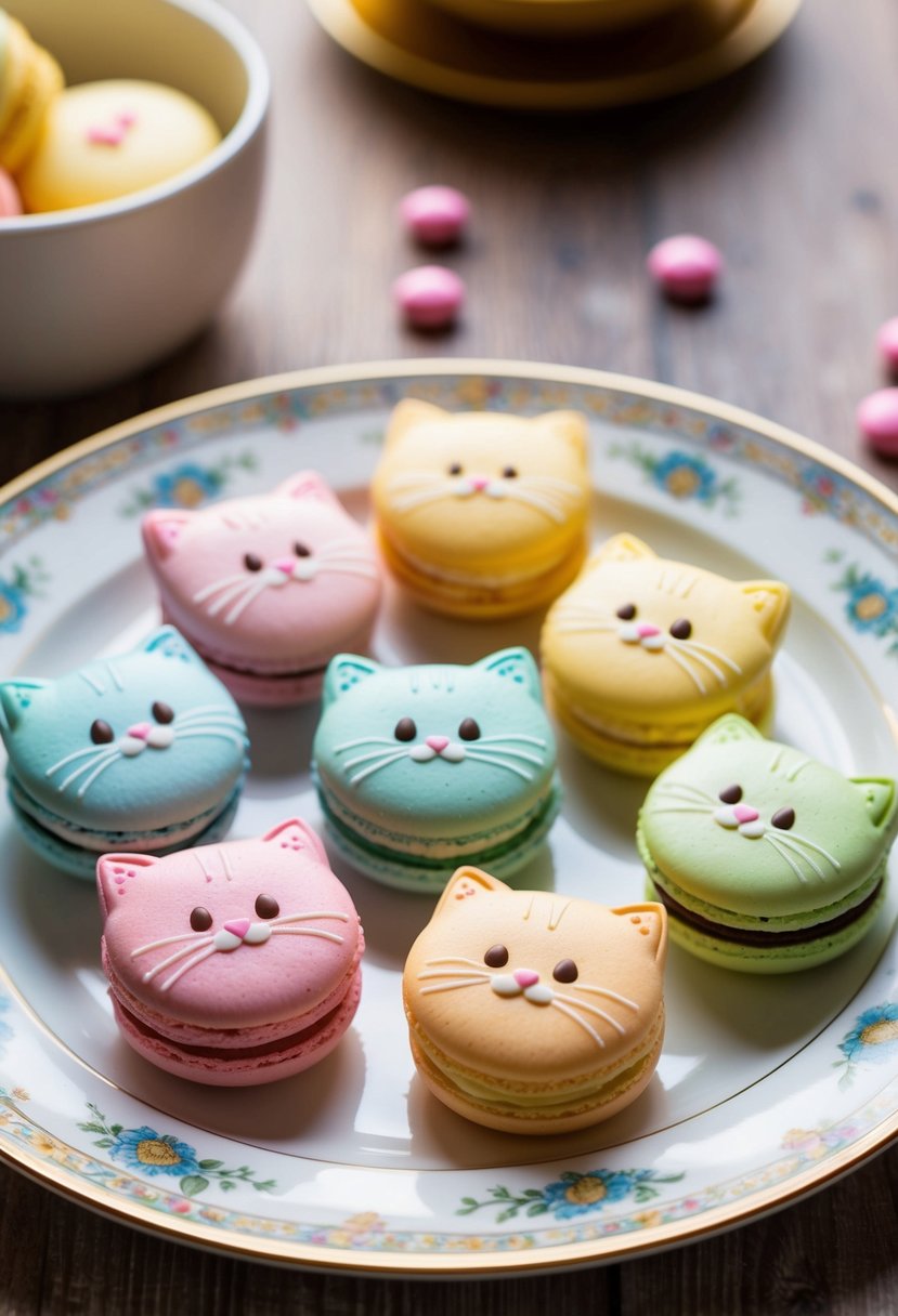 A group of pastel-colored macarons shaped like cute kittens arranged on a decorative plate