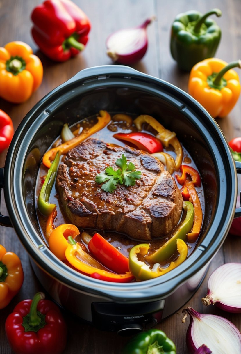 A crockpot filled with sizzling pepper steak, surrounded by colorful bell peppers and onions, emanating a mouthwatering aroma