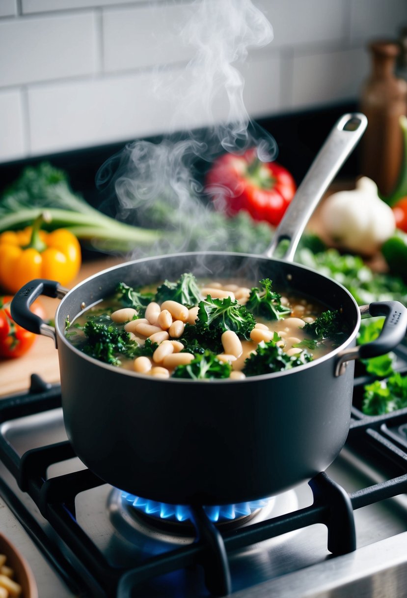 A pot of kale and white bean stew simmers on a stovetop, steam rising, surrounded by fresh vegetables and herbs