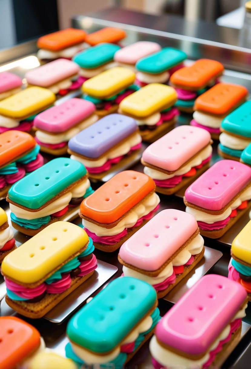 A whimsical display of vibrant ice cream sandwiches arranged in a playful and inviting manner