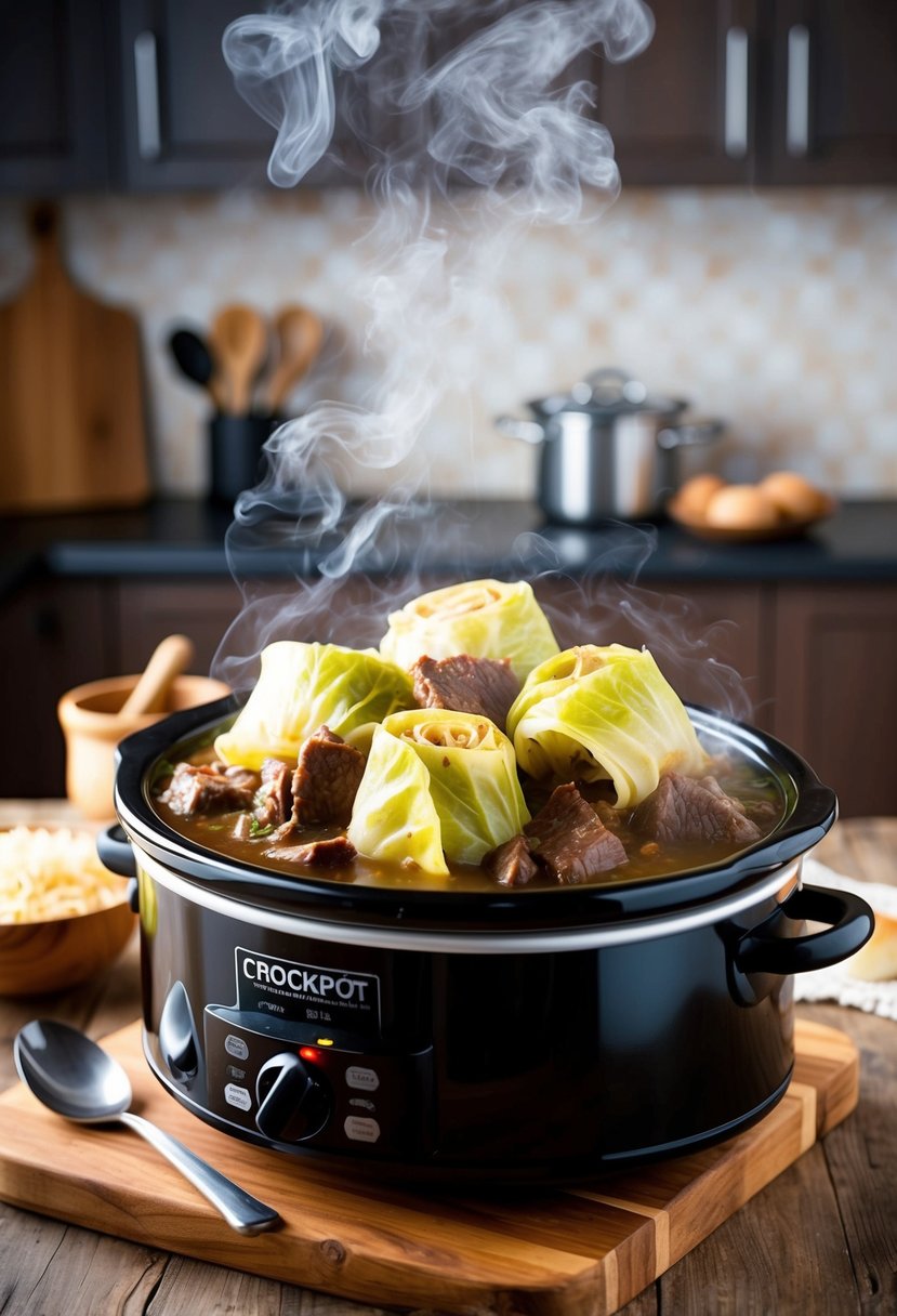 A crockpot filled with comforting cabbage rolls and beef, surrounded by aromatic steam and a cozy kitchen backdrop