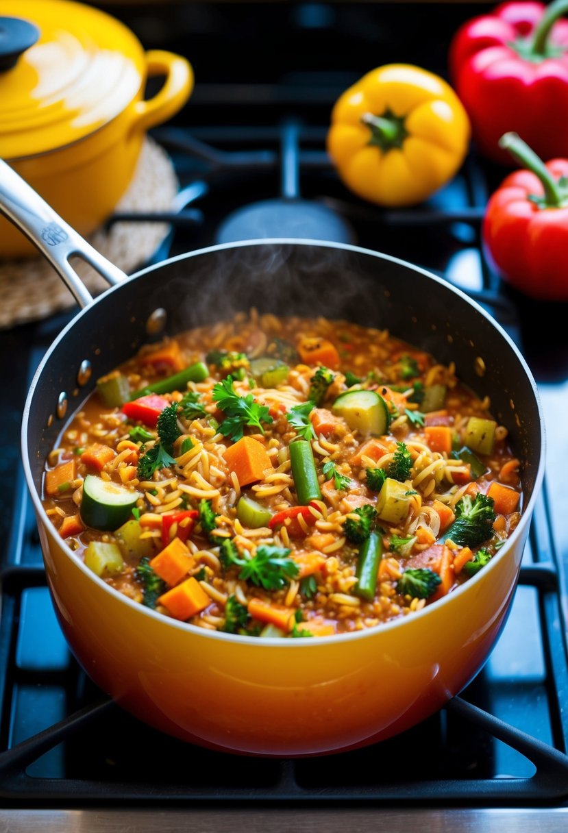 A colorful pot of vegan jambalaya simmering on a stovetop, filled with a variety of vegetables, rice, and savory spices