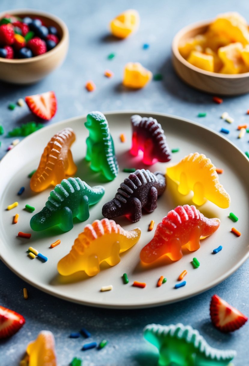 A group of colorful dinosaur-shaped gummies arranged on a plate with scattered ingredients like fruit and sprinkles