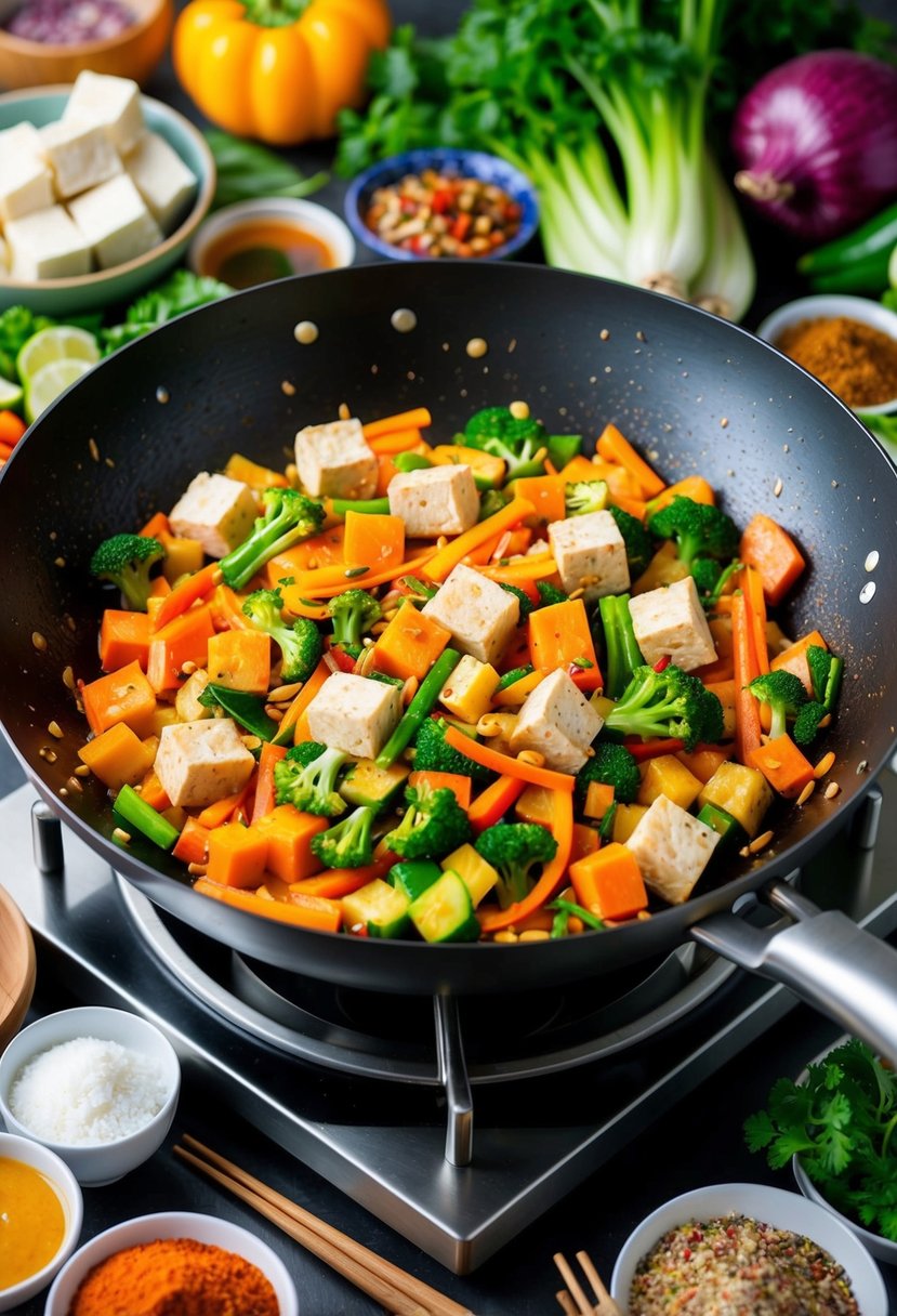 A sizzling wok filled with colorful stir-fried vegetables and cubes of tofu, surrounded by an array of fresh produce and a variety of spices and sauces