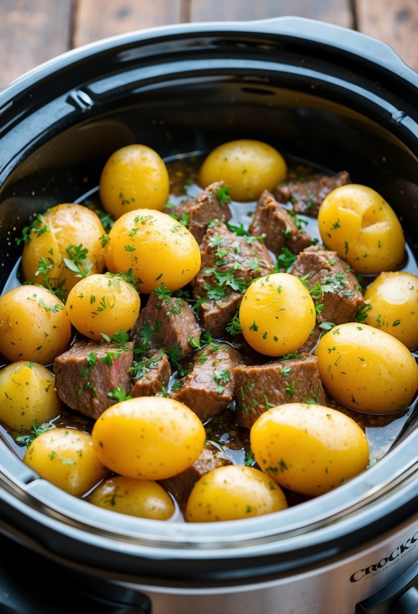 A crockpot filled with golden potatoes and beef simmering in a savory medley of herbs and spices