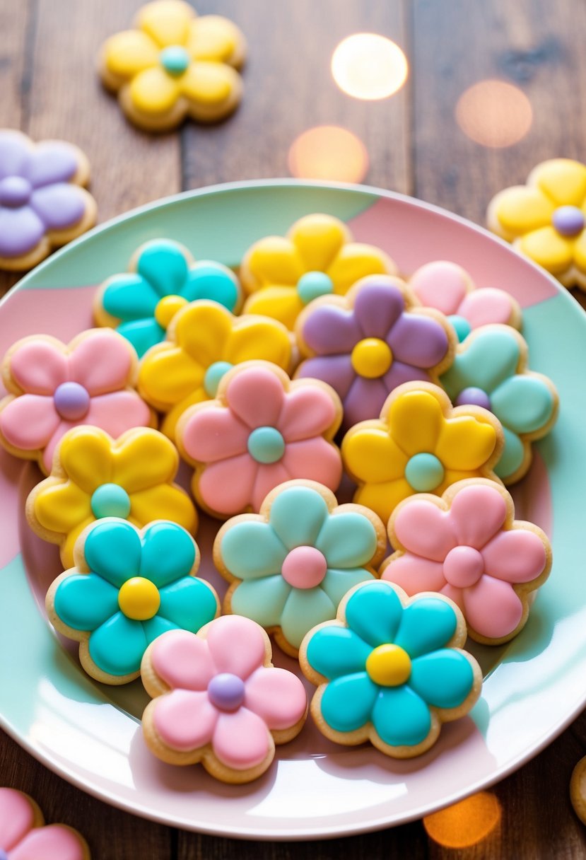 A colorful array of flower-shaped cookies arranged on a pastel-colored plate