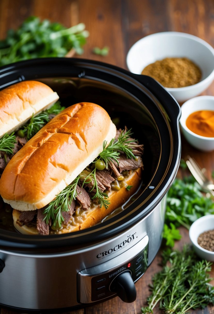 A crockpot filled with succulent French dip sandwiches, surrounded by fresh herbs and spices