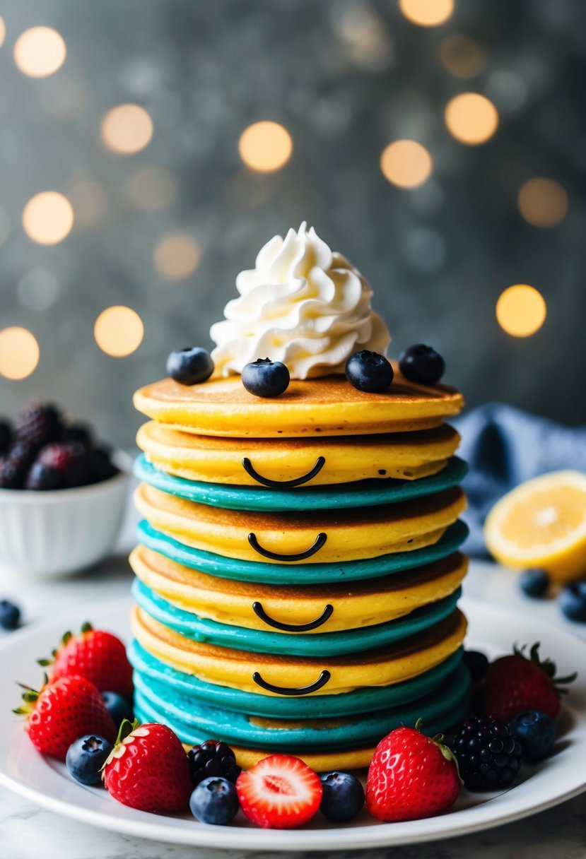 A stack of colorful smiley face pancakes surrounded by fresh berries and a dollop of whipped cream on a white plate