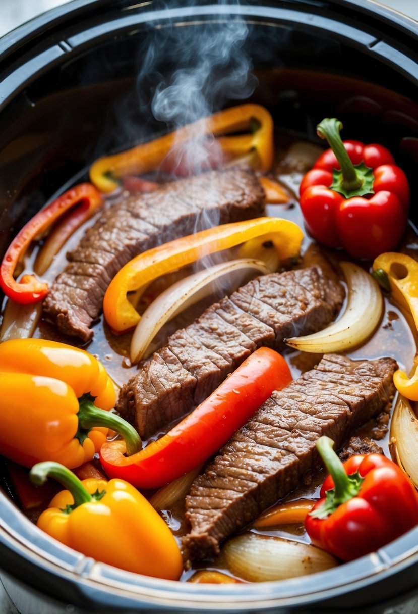 Sizzling beef strips, colorful bell peppers, and onions cooking in a crockpot, emitting a mouthwatering aroma