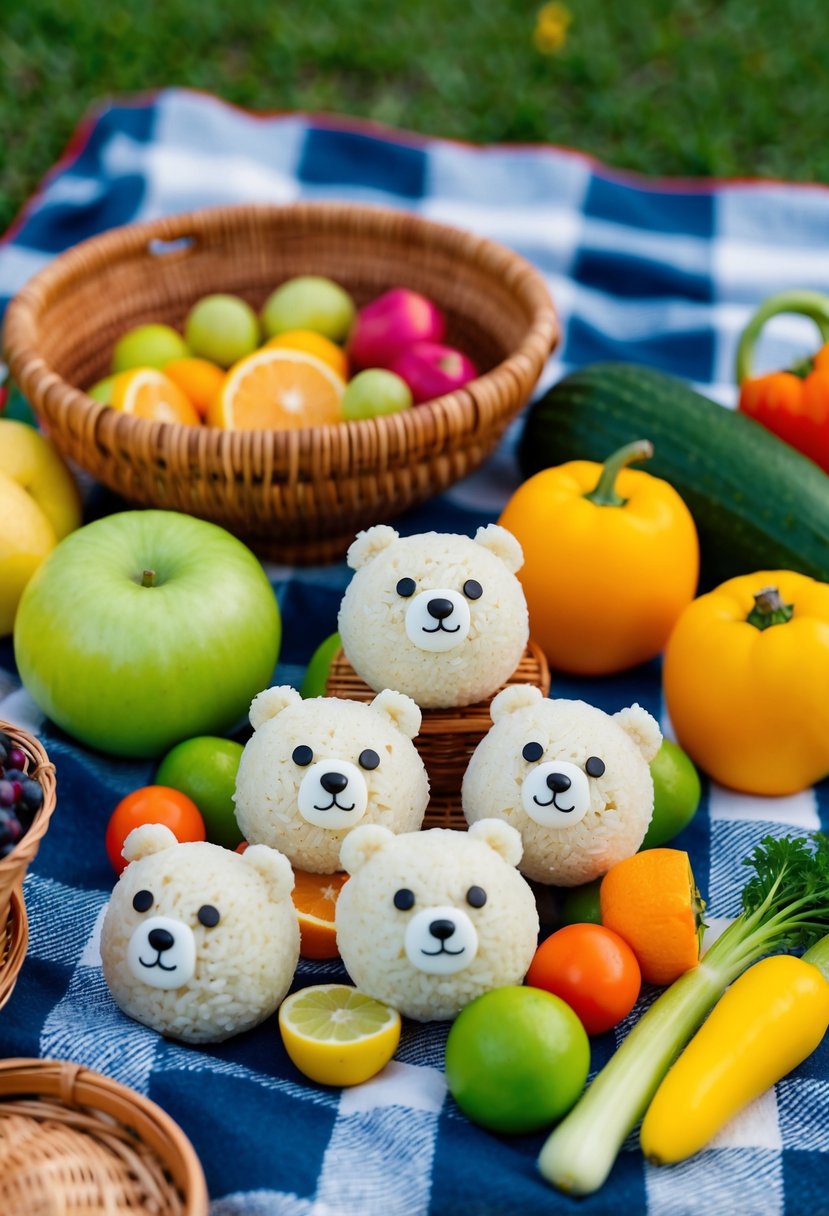 A picnic blanket with a variety of adorable bear-shaped rice balls arranged alongside colorful fruits and vegetables