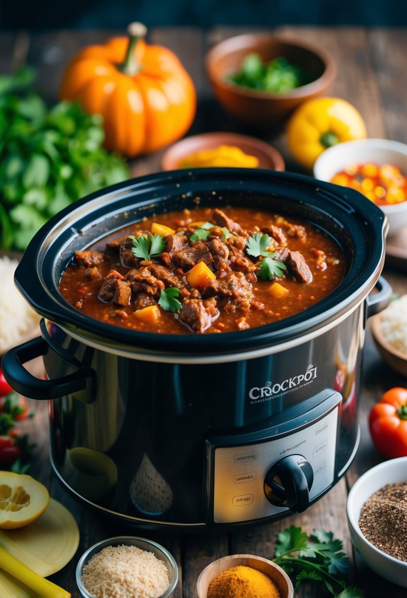 A bubbling crockpot filled with rich and hearty beef chili, surrounded by colorful spices and fresh ingredients