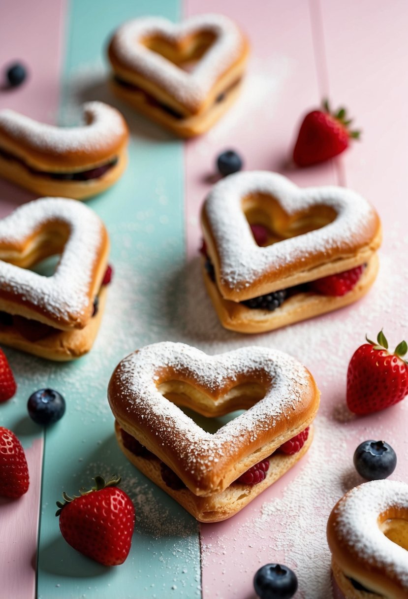 Heart-shaped eclairs arranged on a pastel-colored table with a sprinkling of powdered sugar and fresh berries