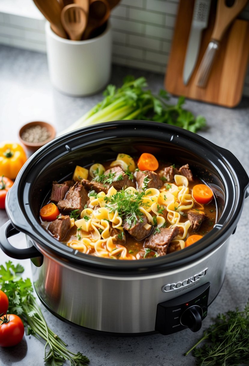 A crockpot filled with savory beef and noodles, surrounded by colorful vegetables and aromatic herbs, simmering gently on a kitchen counter