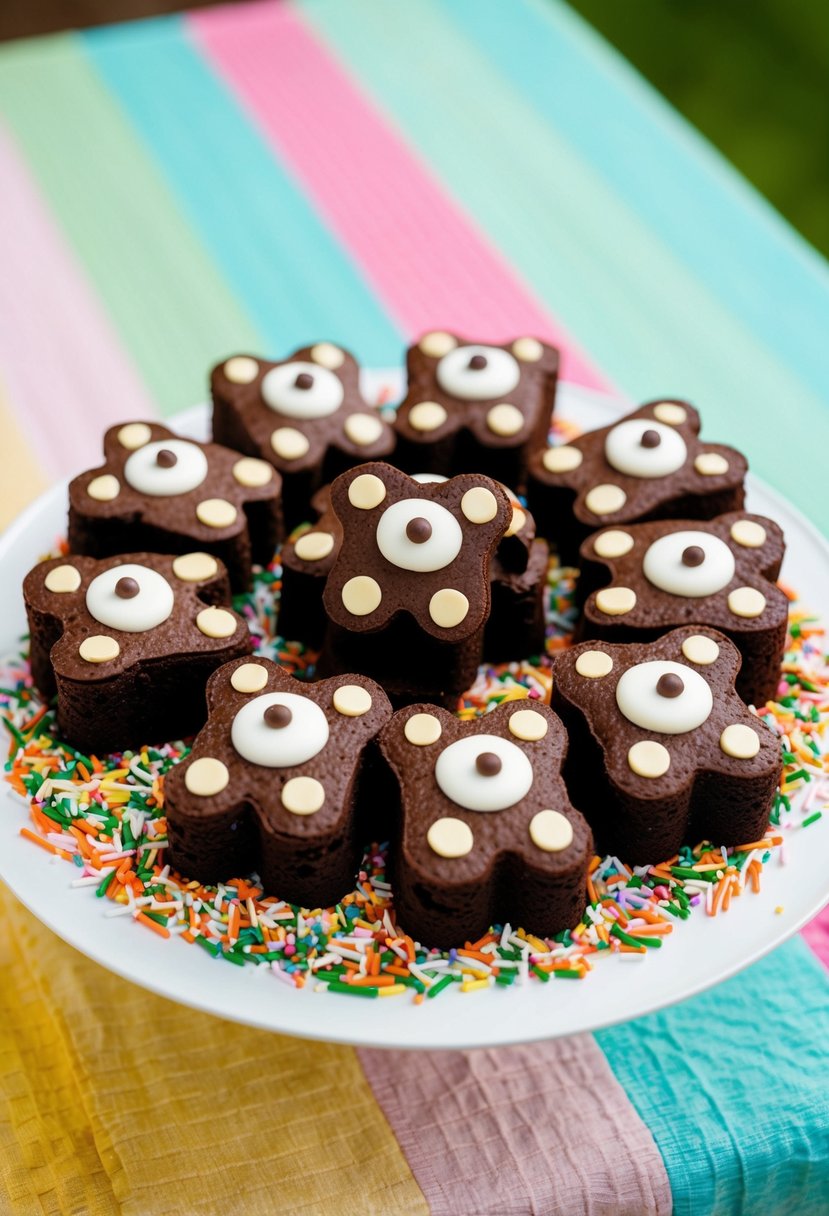 A platter of teddy bear-shaped brownies surrounded by colorful sprinkles and displayed on a pastel-colored tablecloth