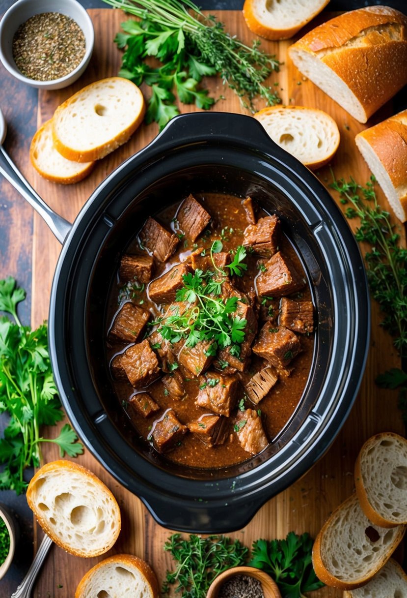 A crockpot filled with simmering Italian beef, surrounded by vibrant herbs and spices, with slices of crusty bread ready to be filled