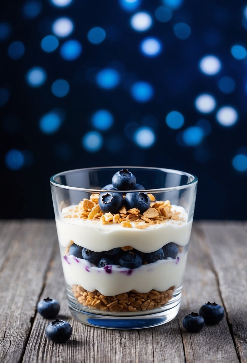 A clear glass parfait dish filled with layers of blueberry and vanilla yogurt, topped with a sprinkle of granola and a few fresh blueberries, set against a starry night sky background