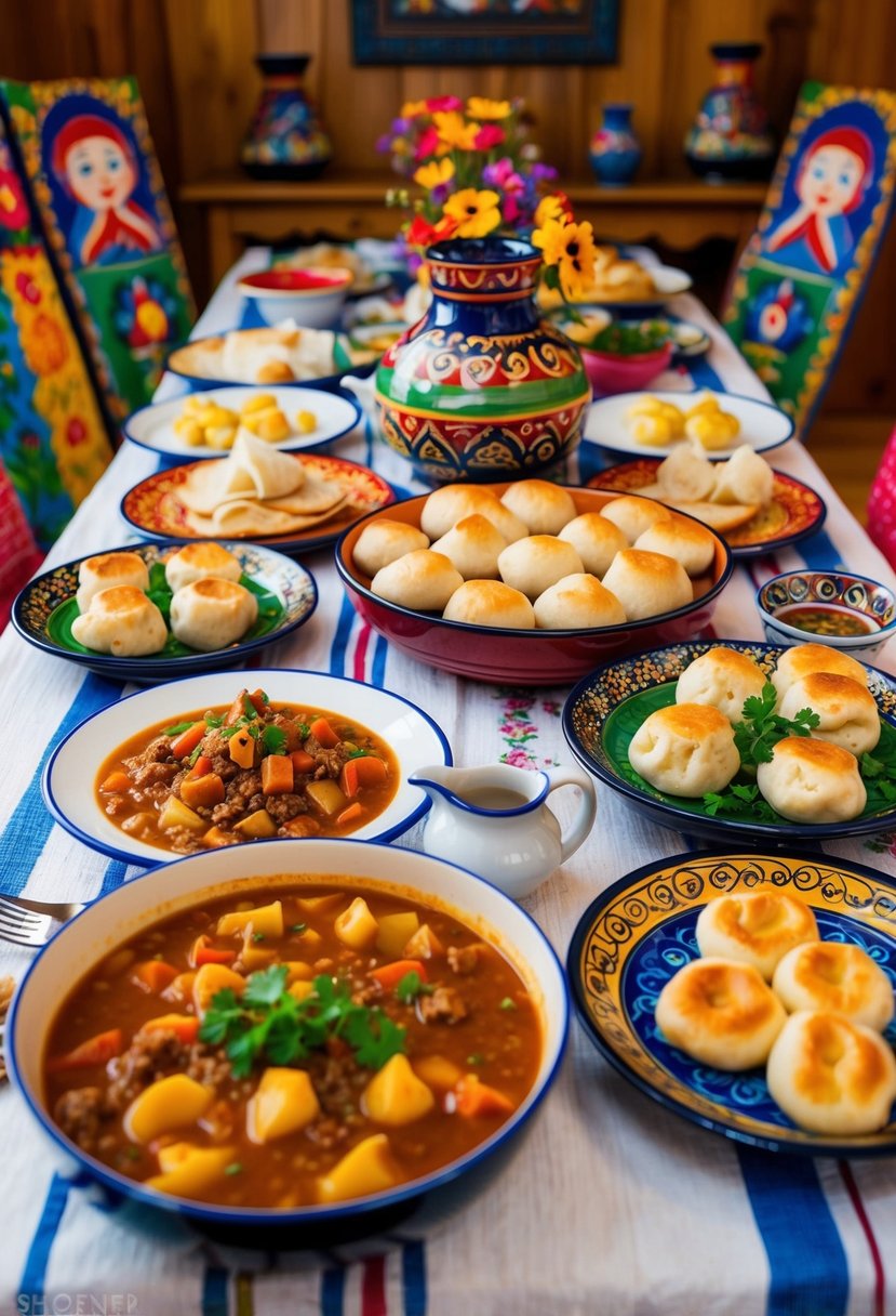 A table filled with traditional Czech dishes, including goulash, dumplings, and kolaches, surrounded by colorful folk art and pottery