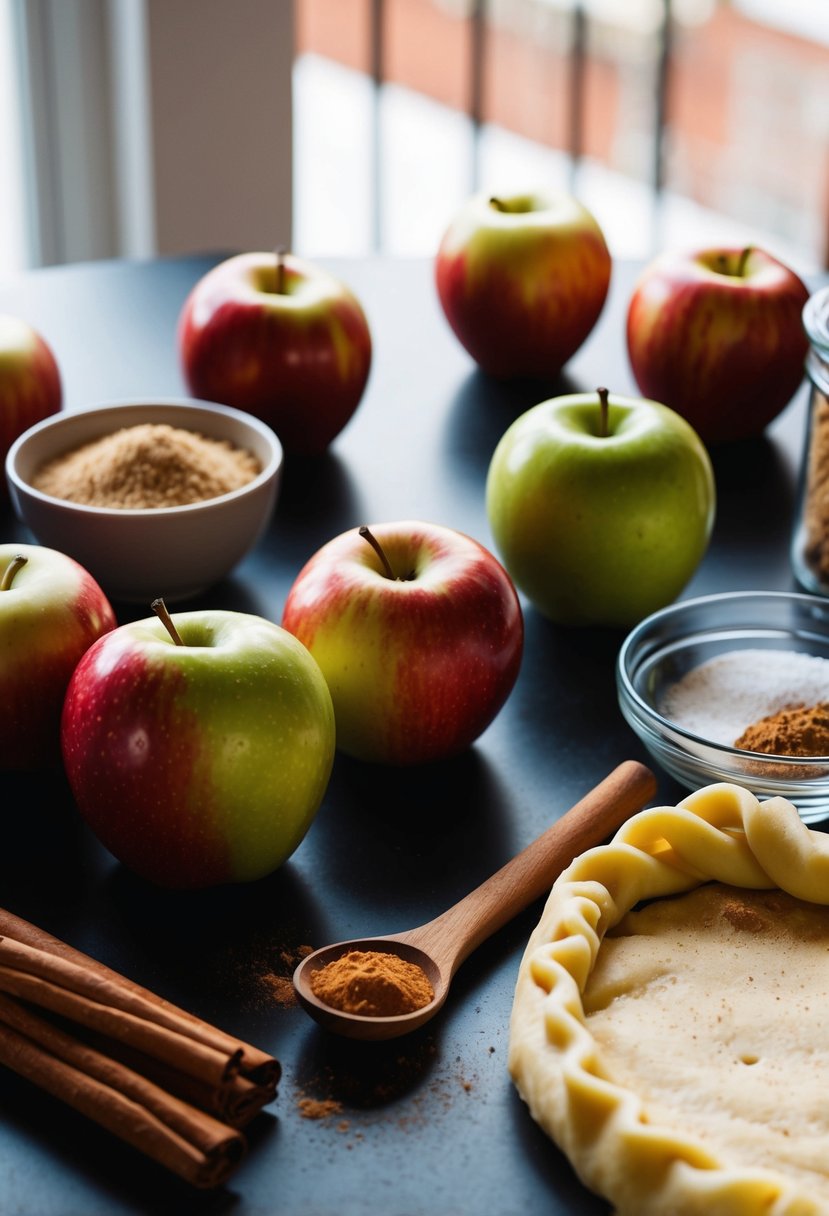 A table set with ingredients for apple strudel, including apples, cinnamon, sugar, and pastry dough