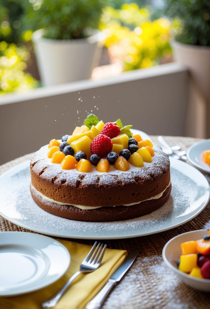 A table set with a freshly baked Bublanina cake, adorned with a sprinkling of powdered sugar and a colorful array of fresh fruit on top