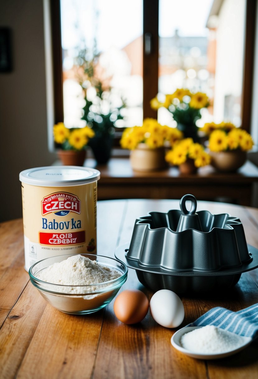 A table set with ingredients for Czech Babovka, including flour, eggs, sugar, and a bundt cake pan