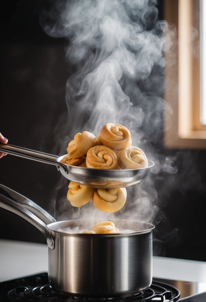 A steaming pot of knedlíky being lifted out of boiling water with a pair of tongs