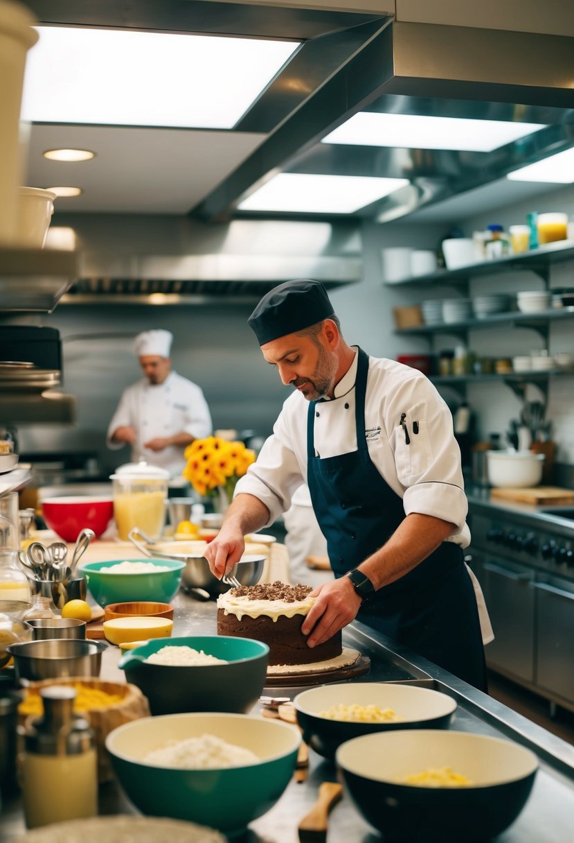 A bustling kitchen with a chef surrounded by ingredients, mixing bowls, and baking tools, creating a decadent cake