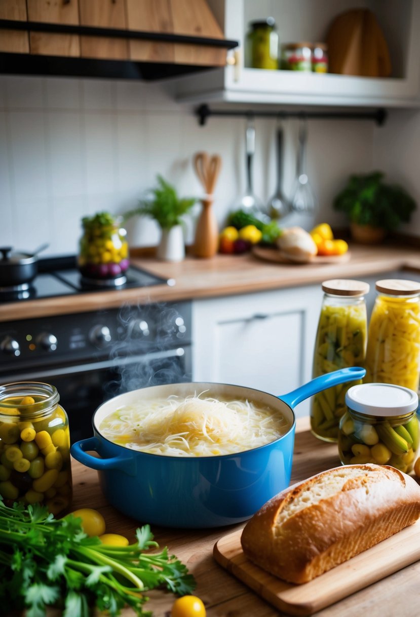 A traditional Czech kitchen with a pot of simmering sauerkraut, surrounded by jars of pickled vegetables and a loaf of fresh bread