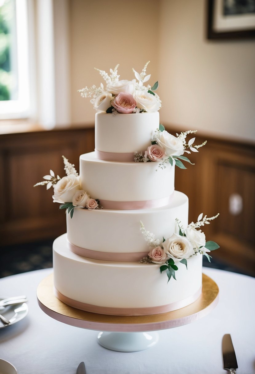 A three-tiered white velvet wedding cake adorned with delicate floral decorations and elegant icing swirls