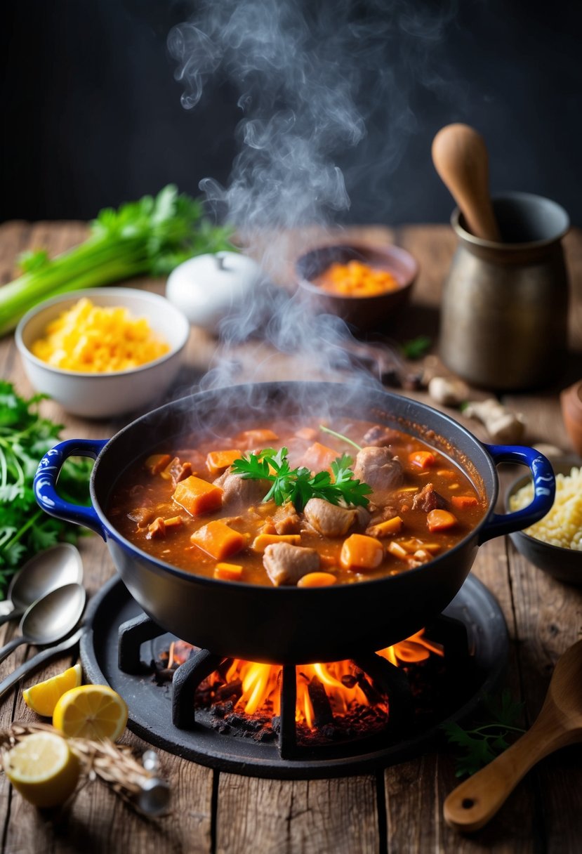 A steaming pot of Czech goulash simmering over a crackling fire, surrounded by rustic kitchen utensils and fresh ingredients