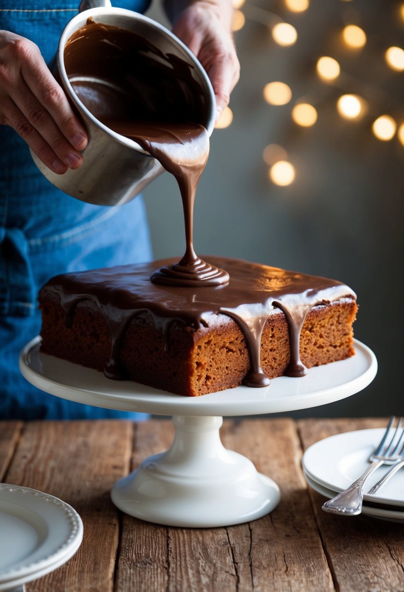 A baker pours warm chocolate icing over a freshly baked Texas Sheet Cake