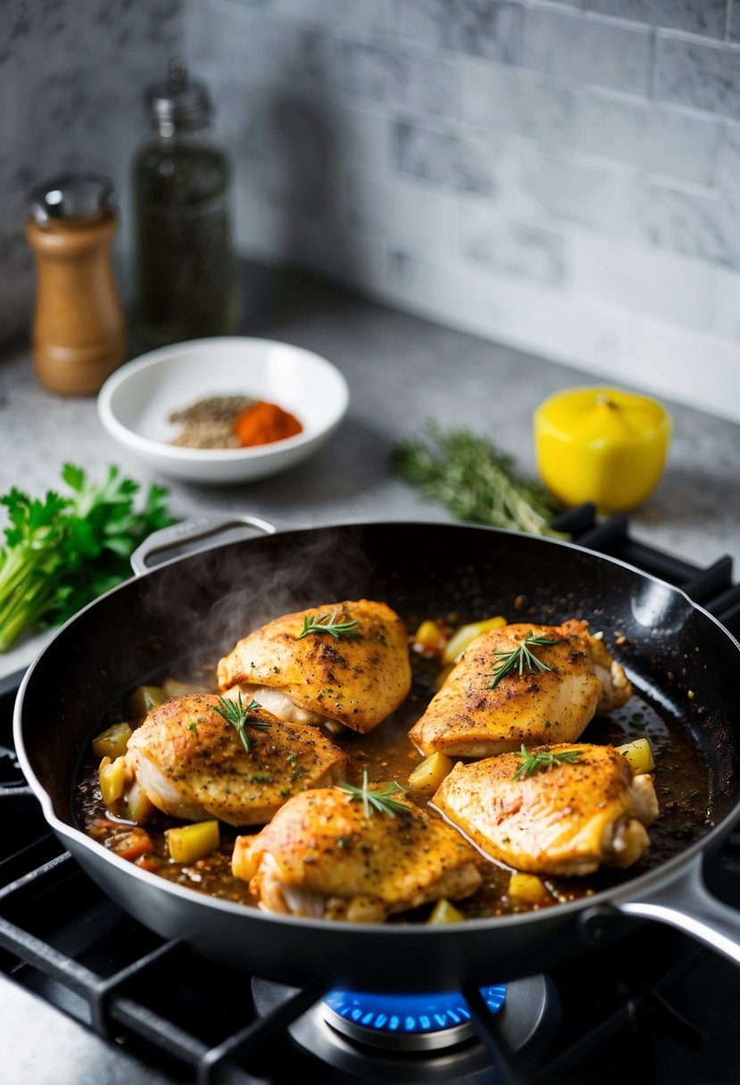 A sizzling skillet with seasoned chicken cooking on a stovetop, surrounded by various herbs and spices