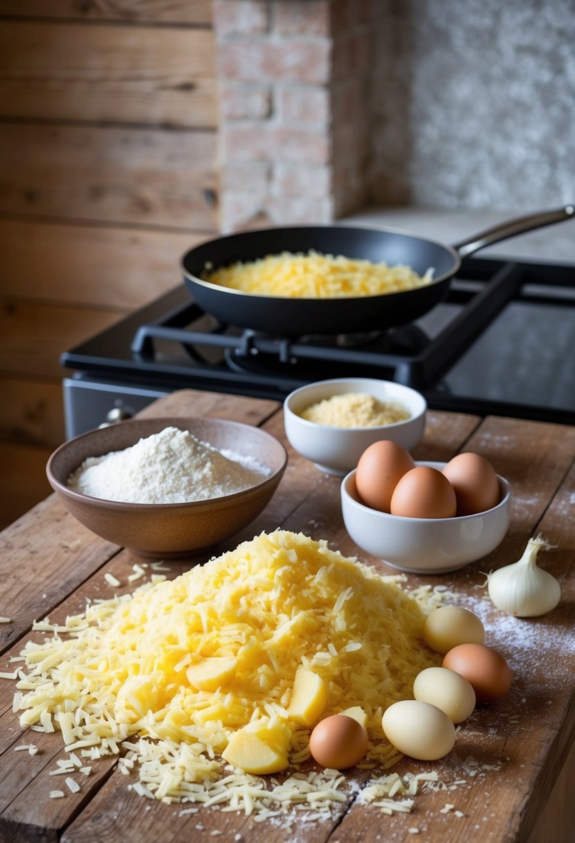 A rustic kitchen with a wooden table covered in grated potatoes, eggs, and onions, alongside a bowl of flour and a skillet on a stovetop