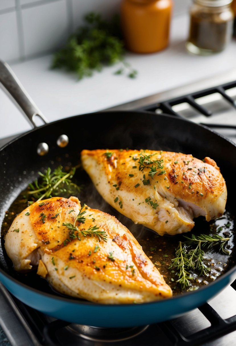 Two plump chicken breasts sizzling in a skillet on a stove top, surrounded by aromatic herbs and spices