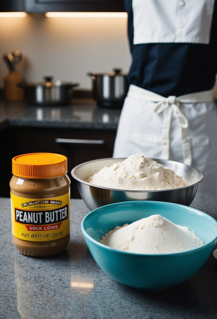 A jar of peanut butter, a pile of flour, and a mixing bowl sit on a kitchen counter. A chef's hat and apron hang nearby