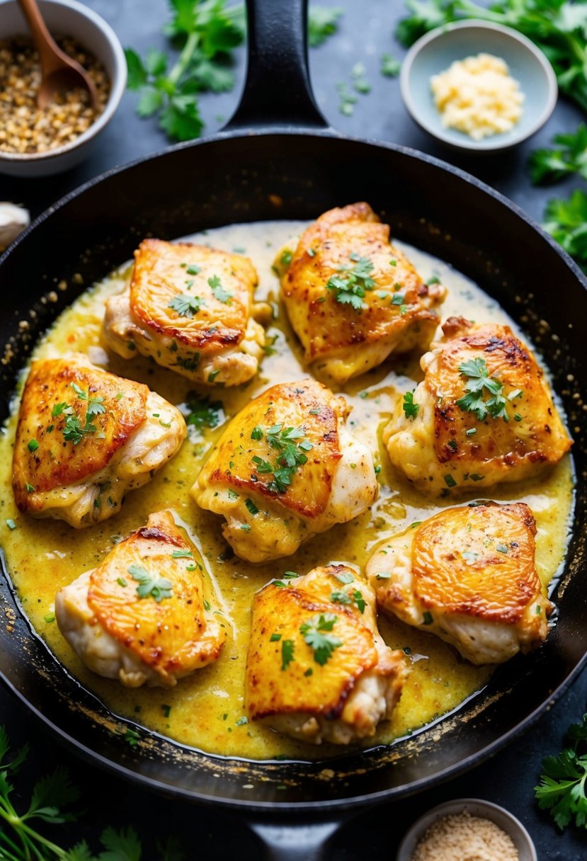 A sizzling skillet with golden-brown chicken pieces coated in a rich, creamy garlic butter sauce, surrounded by vibrant herbs and spices