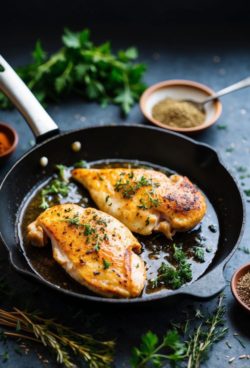 Two succulent chicken breasts sizzling in a hot skillet, surrounded by aromatic herbs and spices