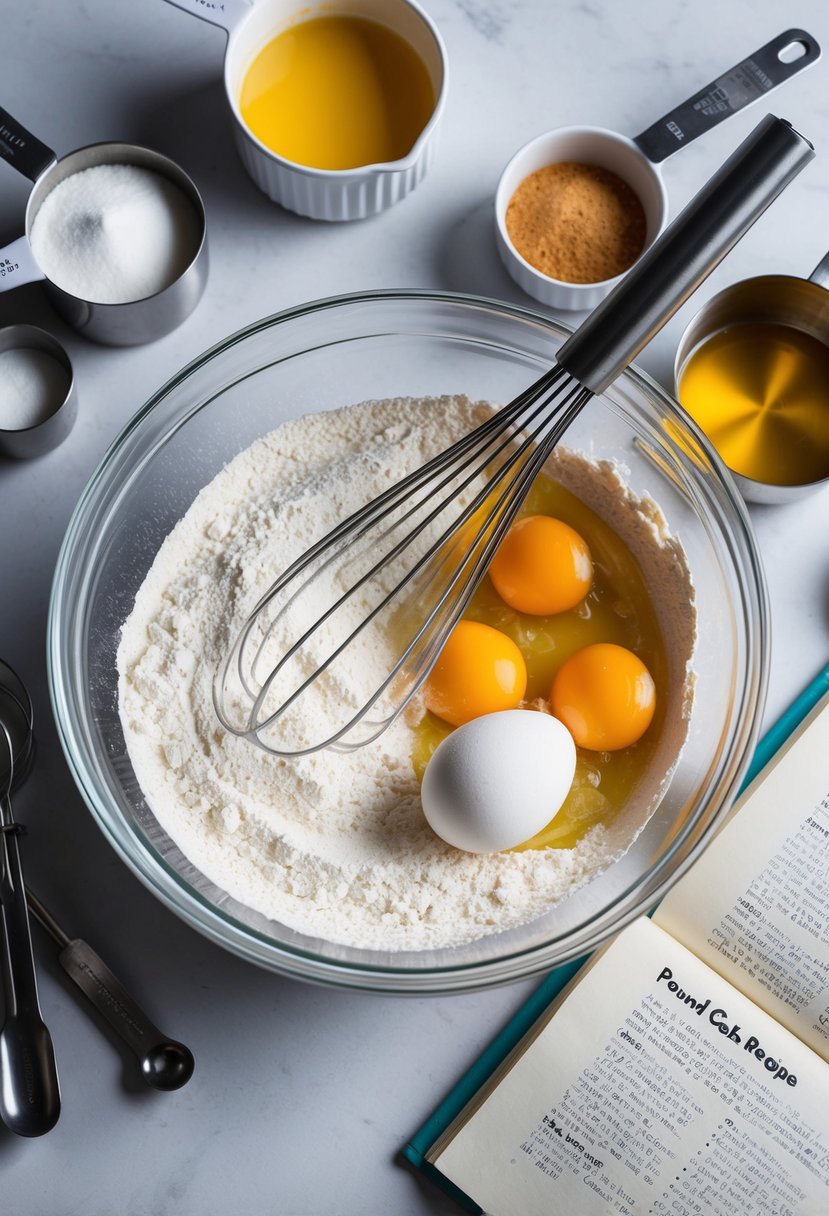 A mixing bowl filled with flour, sugar, and eggs, surrounded by measuring cups and a whisk. A recipe book titled "Pound Cake Recipe" lies open next to it